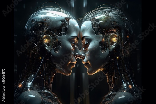 Two robots show each other feelings. Love robots concept. AI generated, human enhanced