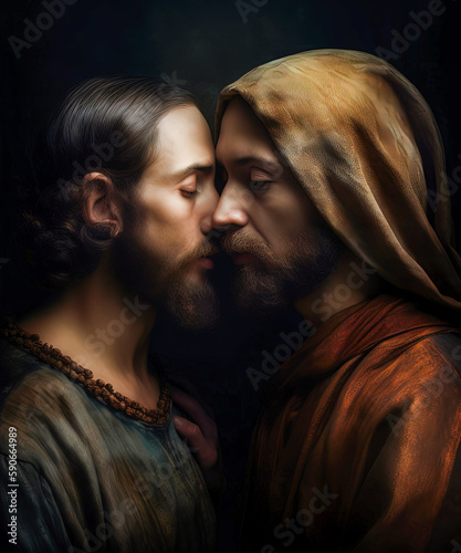 Slika na platnu Judas Betrays Jesus With A Kiss - Classic Oil Painting - Generative AI