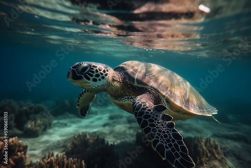 Turtle Swims Underwater In The Sea, Against The Backdrop Of Beautiful Nature, Summer Day, Made Using Generative Ai © Arma