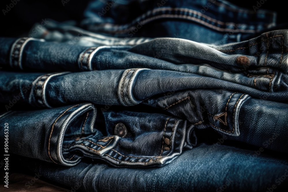 stack of denim jeans on a rustic wooden table. Generative AI