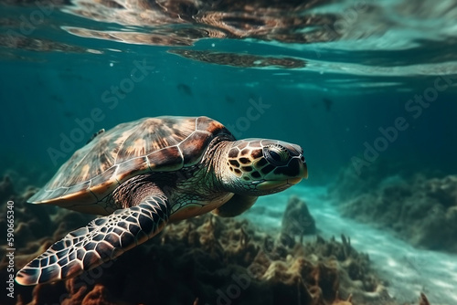 Turtle Swims Underwater In The Sea, Against The Backdrop Of Beautiful Nature, Summer Day, Made Using Generative Ai