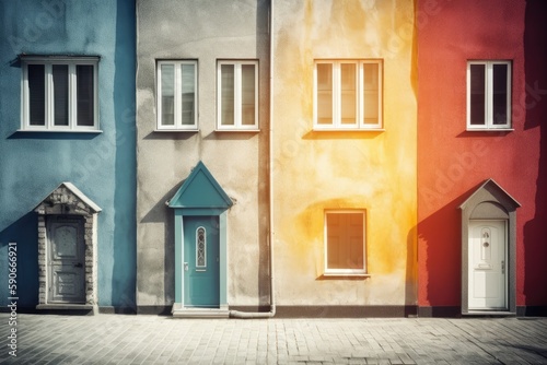 charming row of colorful houses with doors and windows. Generative AI