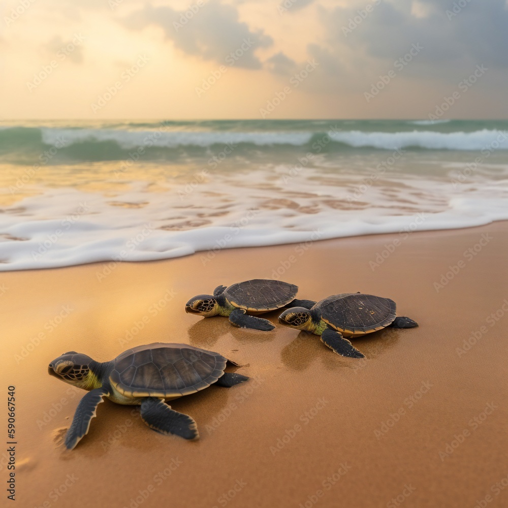 Beach Landscape A family of sea turtles making their way to the ocean 1- AI Generative