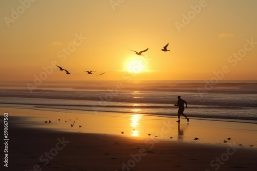 Beach Landscape A peaceful early morning beach jog 2- AI Generative © mfathur19