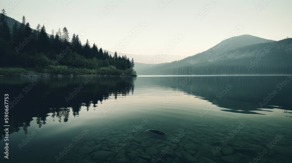 Morning fog over a beautiful lake surrounded by pine forest. Outdoors / Nature background, generative ai