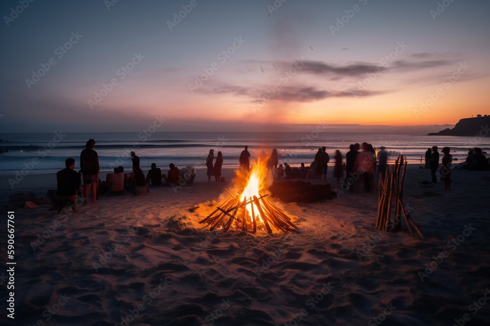 Beach Landscape Beach bonfires casting a warm glow in the evening 3 - AI Generative