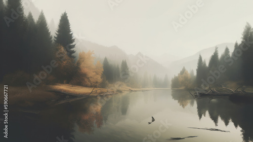 Morning fog over a beautiful lake surrounded by pine forest. Outdoors / Nature background, generative ai © Case