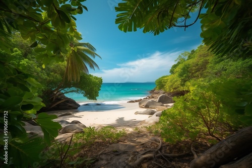 Beach Landscape A tropical beach surrounded by lush jungle foliage 2- AI Generative