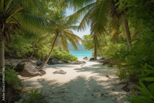 Beach Landscape A tropical beach surrounded by lush jungle foliage - AI Generative