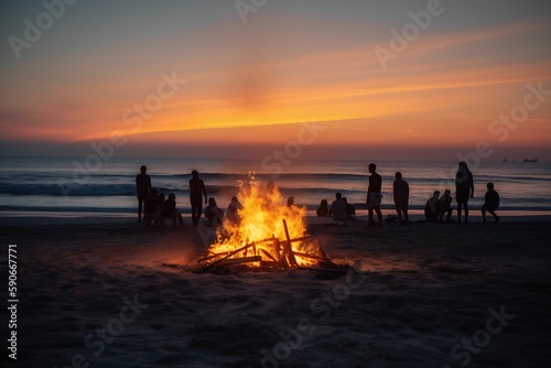 Beach Landscape Beach bonfires casting a warm glow in the evening - AI Generative