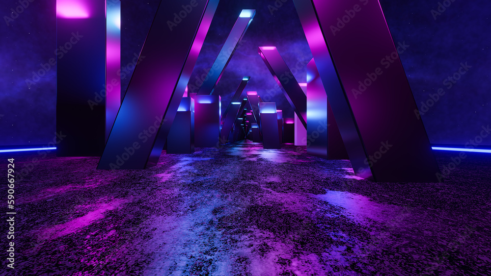 Background landscape with vibrant neon fluorescent lights in the shiny columns located on extraterrestrial ground for fashion banner and template without people in the fantastic 3d illustration