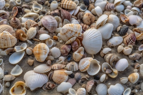 Beach Landscape Seashells scattered across the sand 3- AI Generative