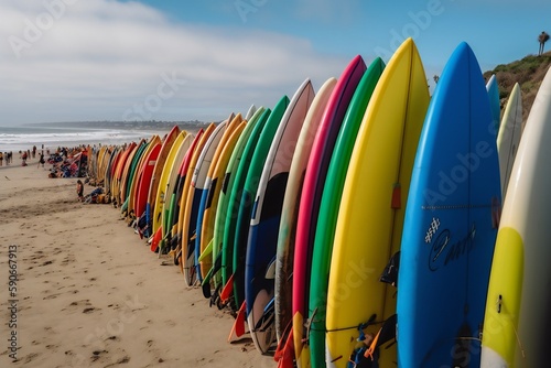 Beach Landscape Surfboards lined up along the shore 3- AI Generative