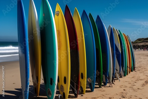 Beach Landscape Surfboards lined up along the shore 2- AI Generative