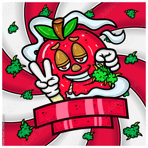 Apple Fruit Flavor Mascot Character Cartoon With Weed Bud Packaging Design. For Label, Packaging, Product, Cover and Branding.