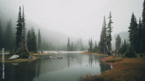 Morning fog over a beautiful lake surrounded by pine forest. Outdoors / Nature background, generative ai © Case