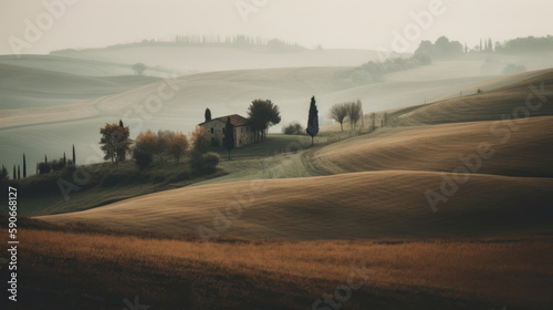 Morning fog over a beautiful countryside. Outdoors / Nature background, generative ai