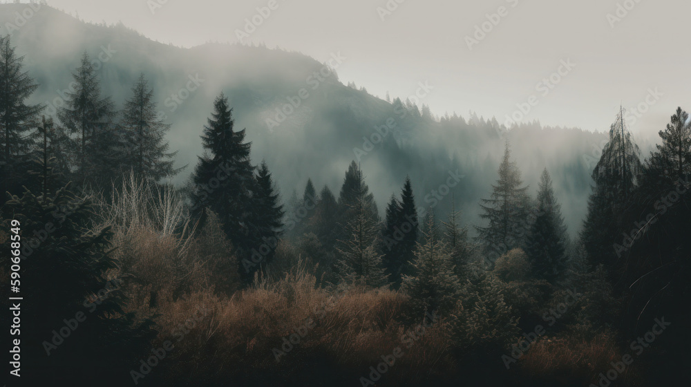 Morning fog over a dense pine forest. Outdoors / Nature background, generative ai