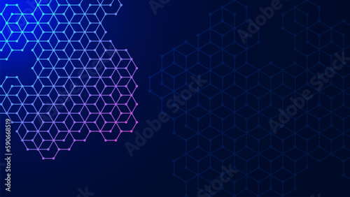 Hexagonal with particles for medical and health care background. Medicine, chemistry, scientific, technology and science concept.
