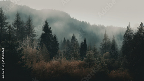 Morning fog over a dense pine forest. Outdoors / Nature background, generative ai © Case