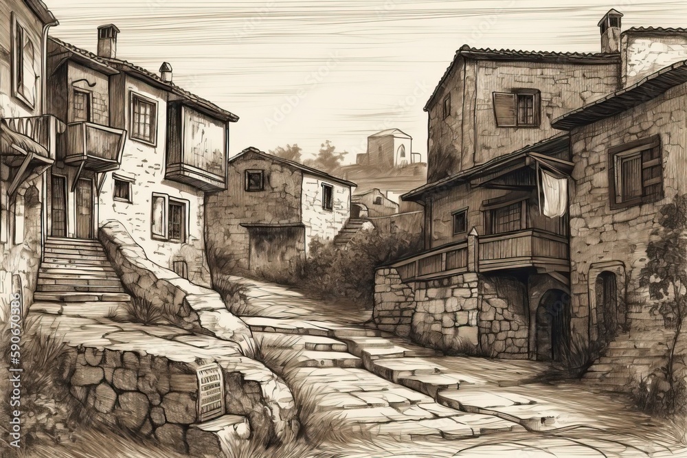 quaint street with traditional stone architecture. Generative AI