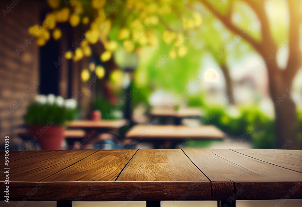 Table in front of blurred Garden of spring background. Generative AI Table in front of blurred Garden of spring background. Generative AI