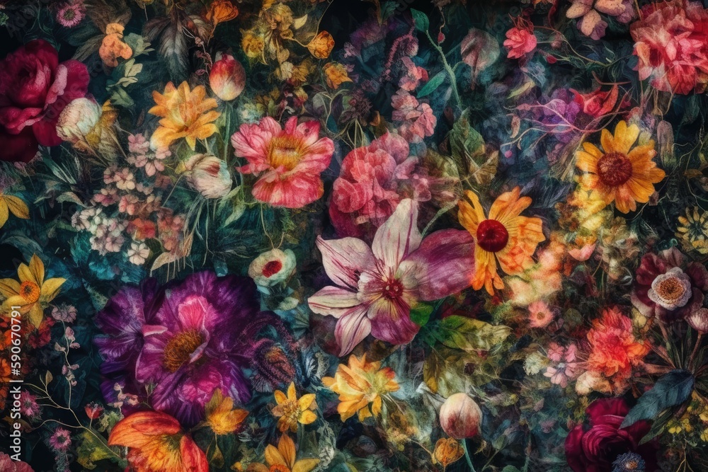 vertical garden with colorful flowers growing on a wall. Generative AI