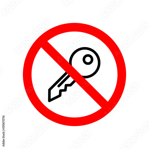 Key is prohibited. Stop or ban red round sign with key icon. Vector illustration 