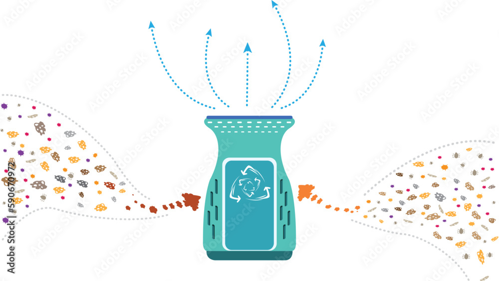 Dust or harmful particles are sucked in and filtered out as fresh air
