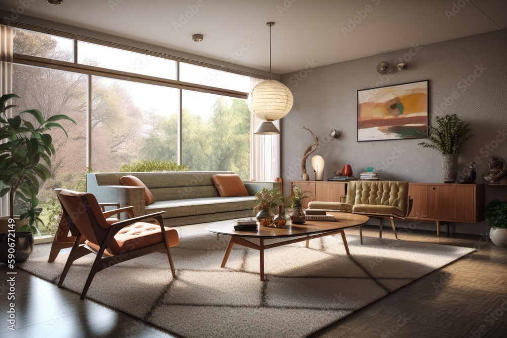 Fototapeta premium Professionally Styled Mid Century Modern Living Room Apartment Interior with Styled Console Table and Coffee Table Made with Generative AI
