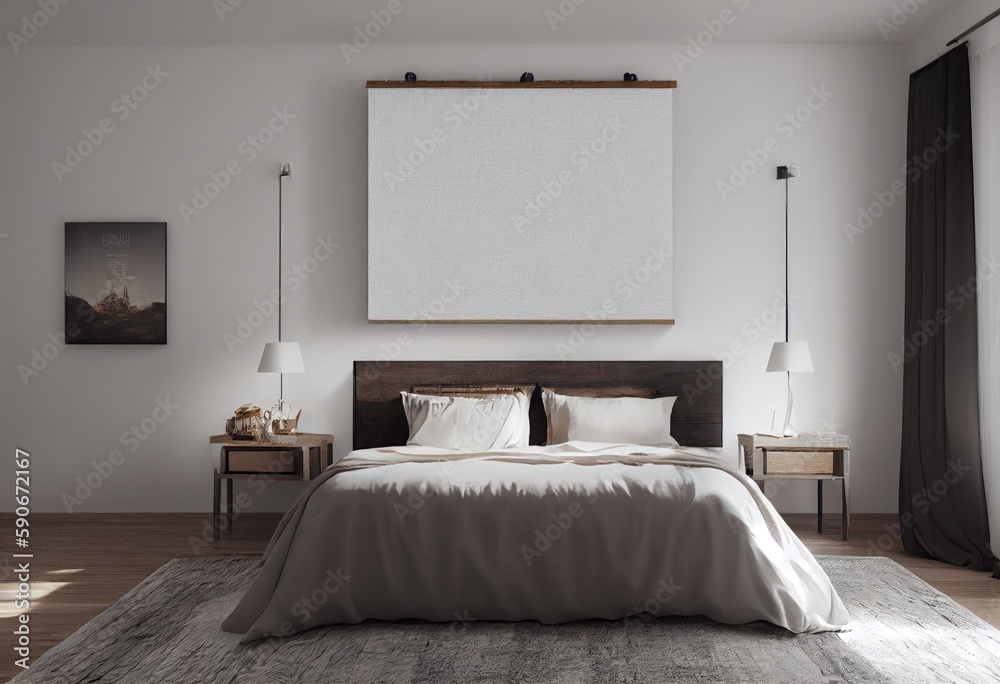 Modern Bedroom Mockup Interior with Blank Wall Art Made with Generative AI Modern Bedroom Mockup Interior with Blank Wall Art Made with Generative AI