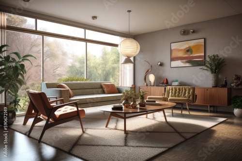 Professionally Styled Mid Century Modern Living Room Apartment Interior with Styled Console Table and Coffee Table Made with Generative AI