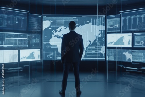 Businessman in Suit Standing In Front of Monitors in Office for Computer Aided Engineering Made with Generative AI