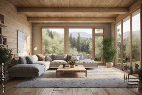 Calm Clean Family Room Interior with Organic Wood Accent Walls and Forest Views Made with Generative AI © Bryan