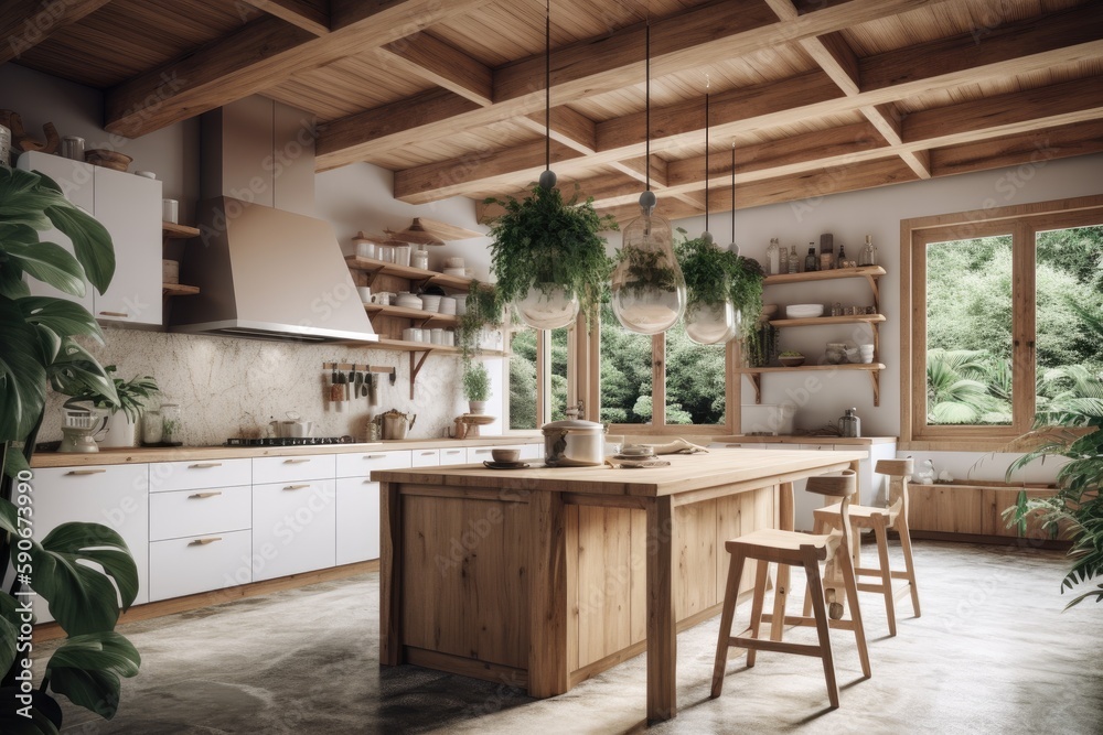 Fototapeta premium Spring Farmhouse Modern Kitchen with Sustainable Wood Island and Counter Bar Stools Made with Generative AI