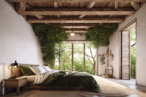 Luxurious Spring Bedroom Interior with Indoor Trees and Interior Styling and Wood Beams Made with Generative AI