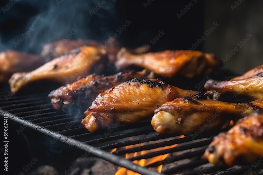 Juicy chicken legs and wings on the grill with fire flames. Generative AI