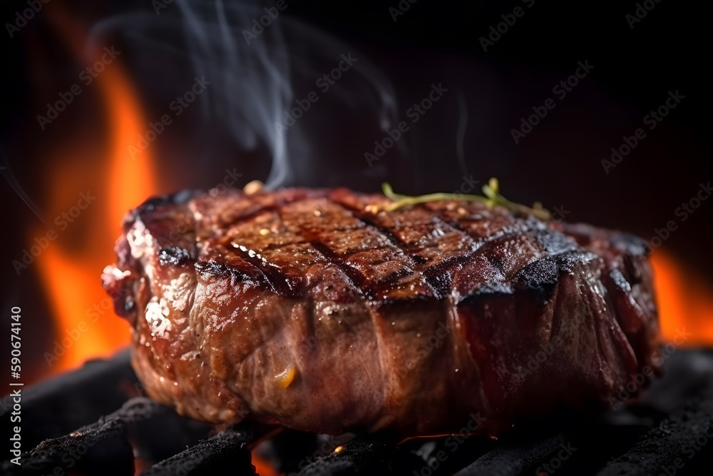 Juicy steak on the grill with fire flames. Generative AI Juicy steak on the grill with fire flames. Generative AI