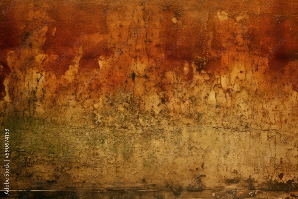 weathered brown and green wall with peeling paint and rust. Generative AI