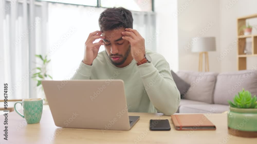 Headache, laptop and tired with man in living room for overworked, mental health, and anxiety. Problem, frustrated and exhausted with male at home and suffering with burnout, migraine and pain Headache, laptop and tired with man in living room for overworked, mental health, and anxiety. Problem, frustrated and exhausted with male at home and suffering with burnout, migraine and pain