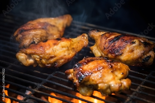 Juicy chicken legs and wings on the grill with fire flames. Generative AI