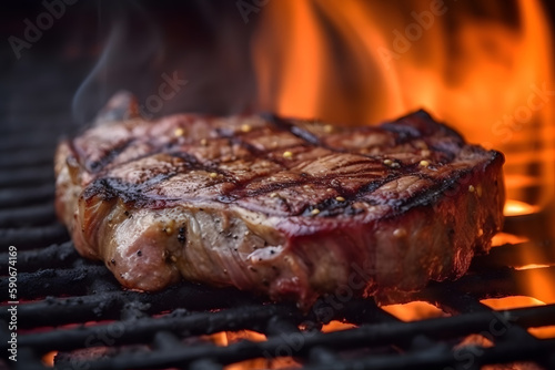 Juicy steak on the grill with fire flames. Generative AI