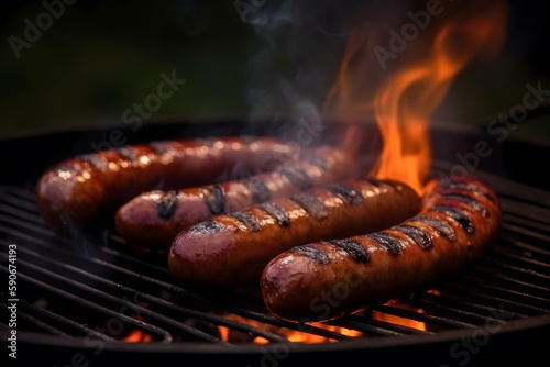 Juicy sausages on the grill with fire flames. Generative AI