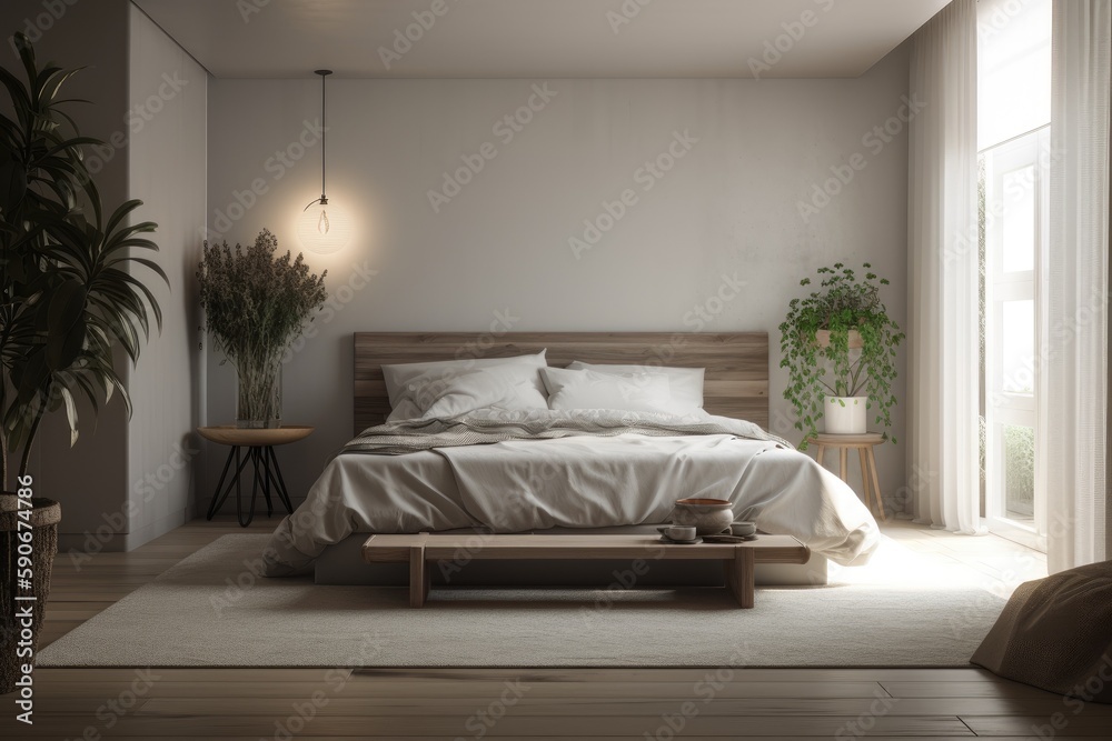 Light Linen Modern Bedroom Interior with Blank Wall Above Bed Made with Generative AI