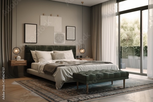 Staged Spring Bedroom Interior with Green Ottoman Bench and Floating Night Stands Made with Generative AI