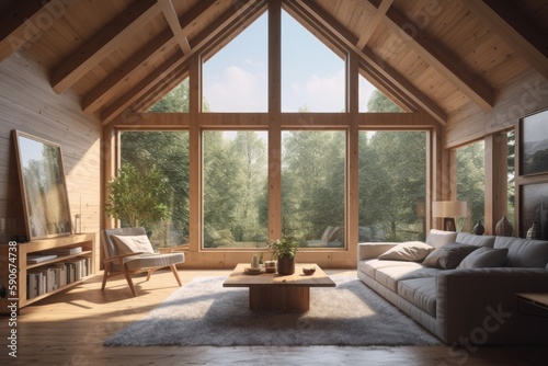 Summer Cabin Family Room Interior with Sustainable Wood and Vaulted Ceiling Made with Generative AI