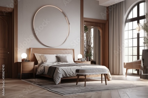 Luxury Interior of Primary Bedroom with Large Round Mirror and Styled Bed and Arched Grid Window Made with Generative AI