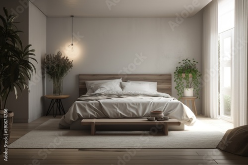 Light Linen Modern Bedroom Interior with Blank Wall Above Bed Made with Generative AI © Bryan