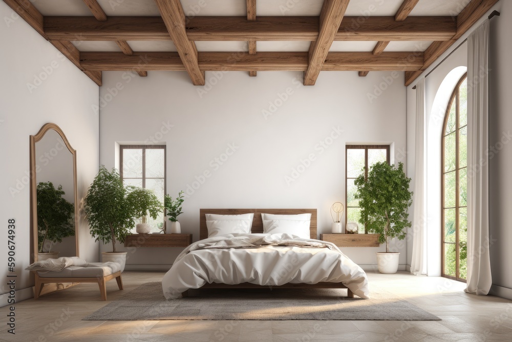 Natural Light in Spanish Modern Primary Bedroom Interior with Exposed Beam Ceilings and Blank Wall Visualization Made with Generative AI