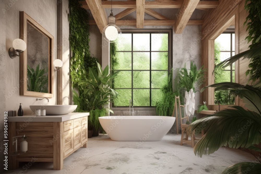 Jungle Primary Bathroom Interior with Wooden Vanity and White Sink Bowl and Nature Views Made with Generative AI